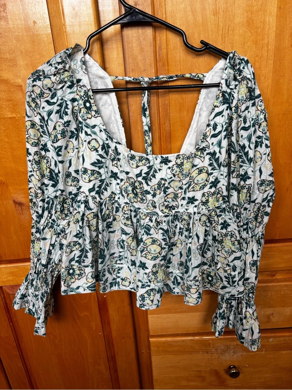 Anthropologie Teal and Cream Floral Peplum Square-Neck Blouse